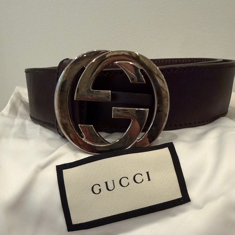 Gucci Brown Leather Men's Belt with Silver Double G Buckle - Picture 3 of 3